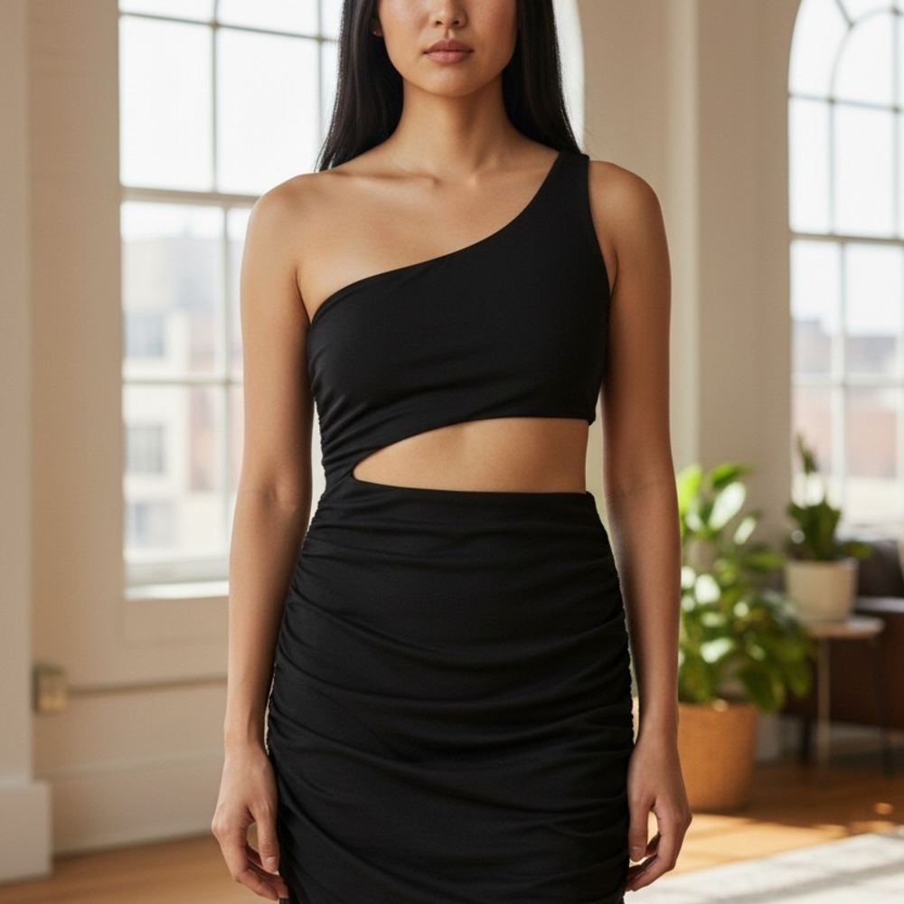 Elegant Black One-Shoulder Dress. Size M.